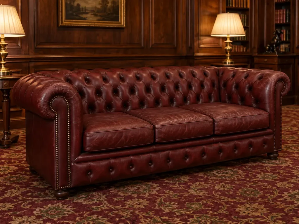 An oxblood leather chesterfield sofa in a wood-paneled room