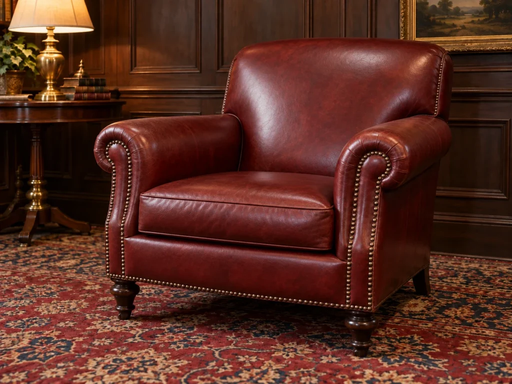 A recovered oxblood leather lounge chair with nailhead trim