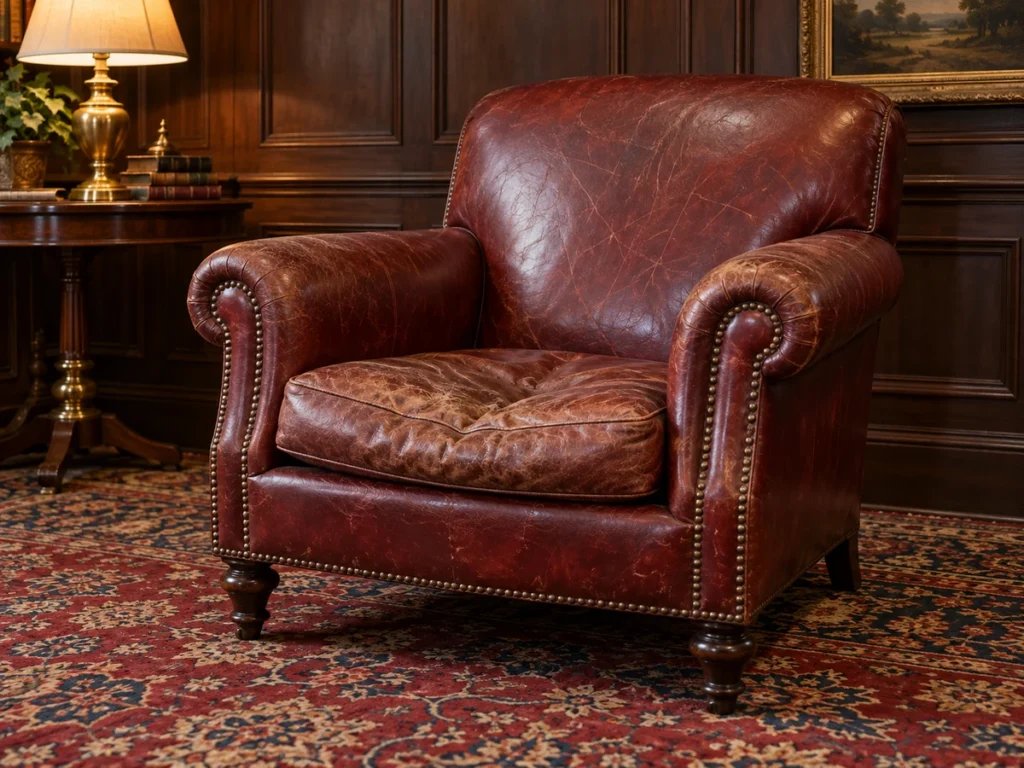 A worn oxblood leather club chair before reupholstery