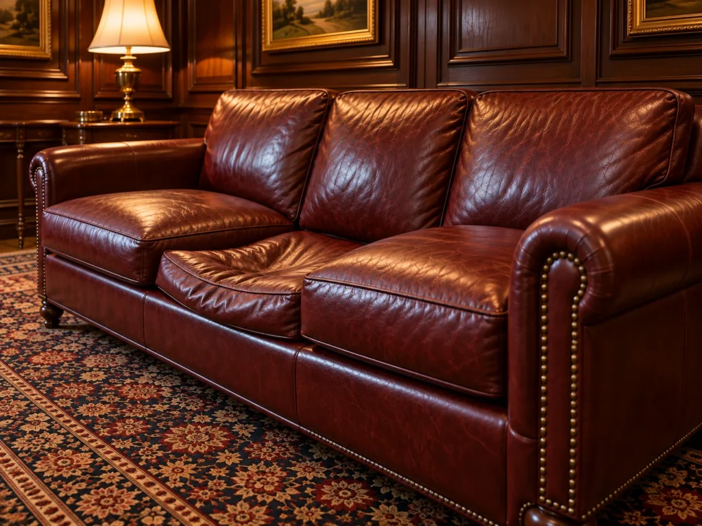 A red leather settee with tired cushions