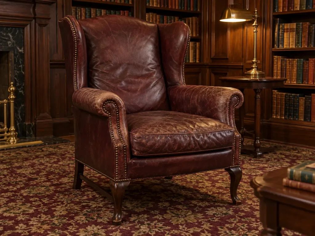 A burgundy wingback with faded, worn leather