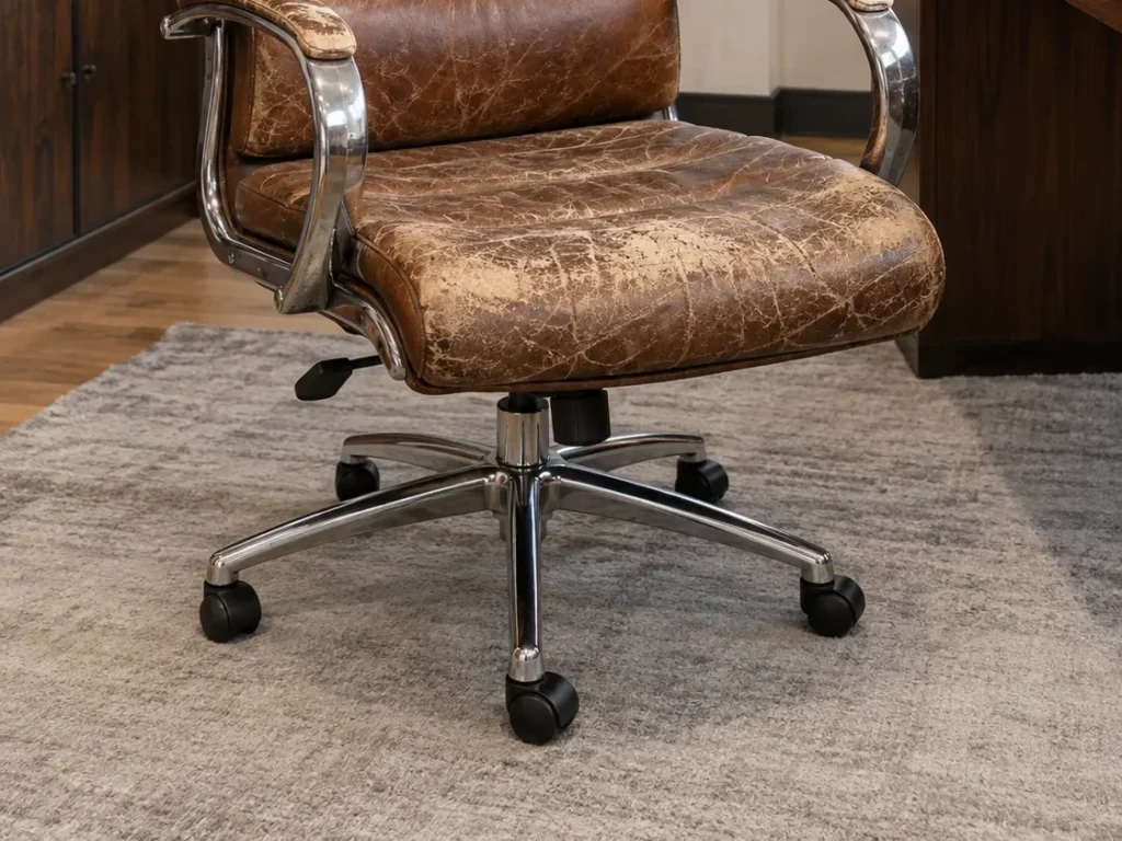 A cognac executive chair with cracked leather before reupholstery