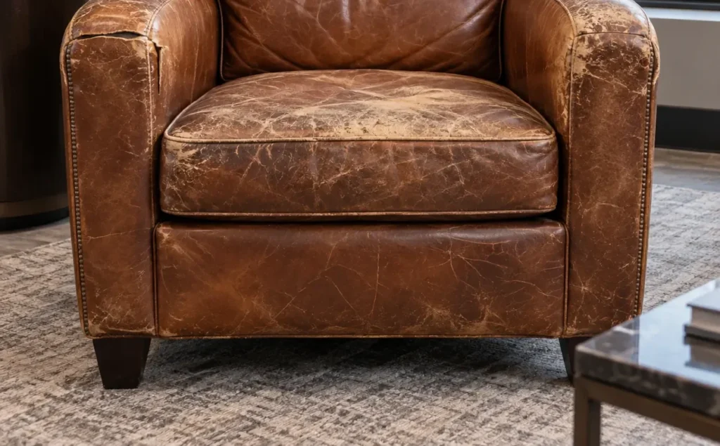 A cognac leather armchair with worn arms before repair