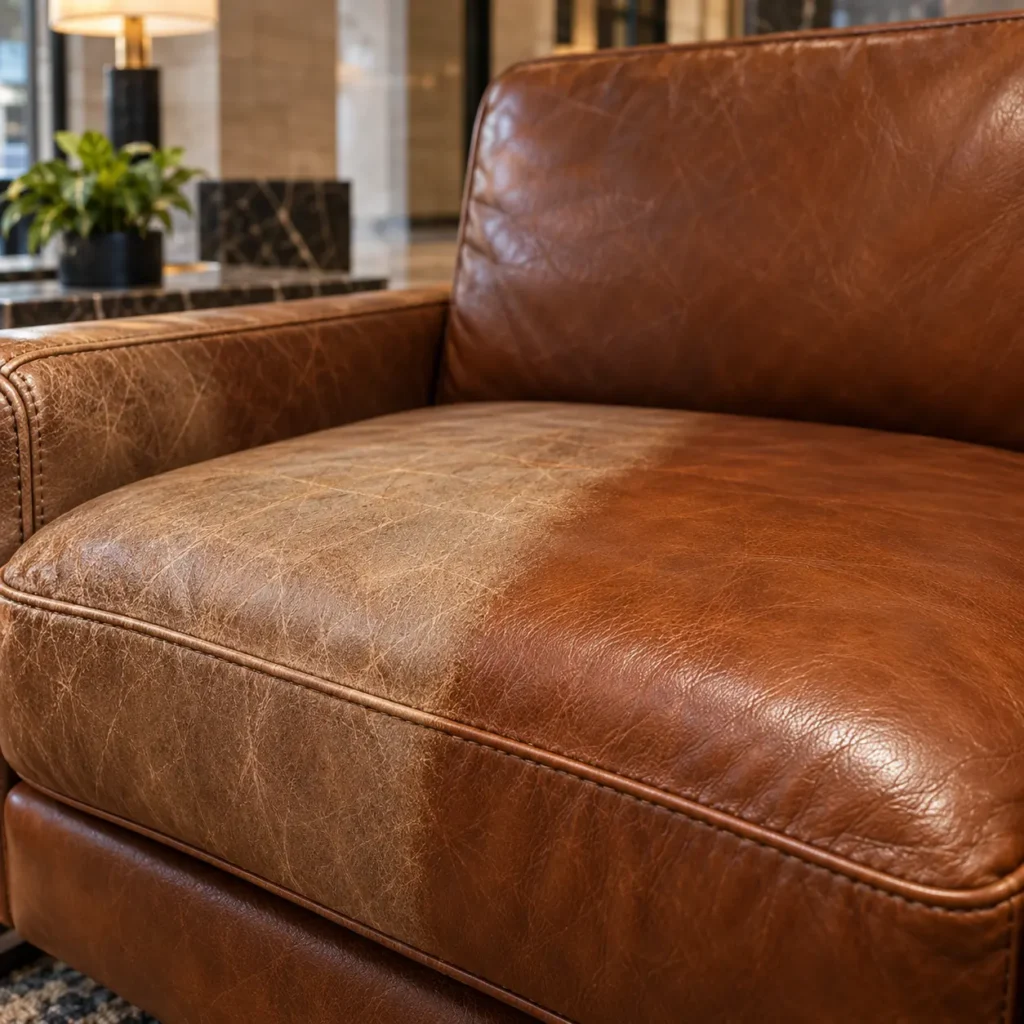 Cognac leather cushion with its color restored