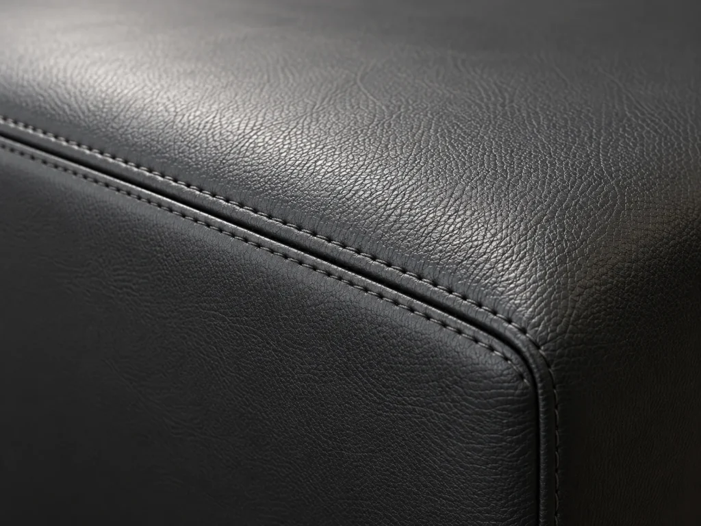 Detail of cognac hide and welt on a clubhouse armchair
