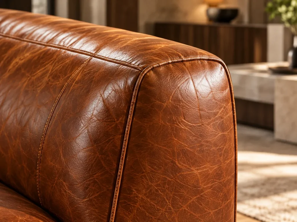 Cognac leather sofa arm restored by Leather Restore Pro in Connecticut