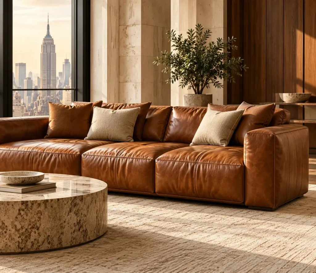 Cognac leather sofa after restoration
