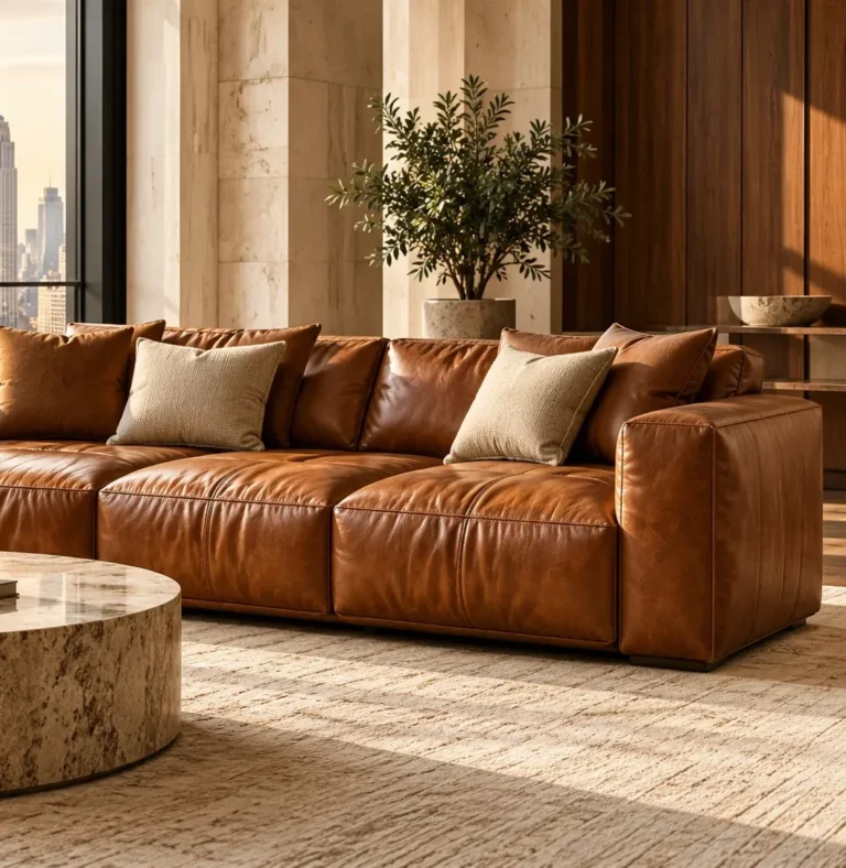 Restored cognac leather sofa in a Connecticut living room