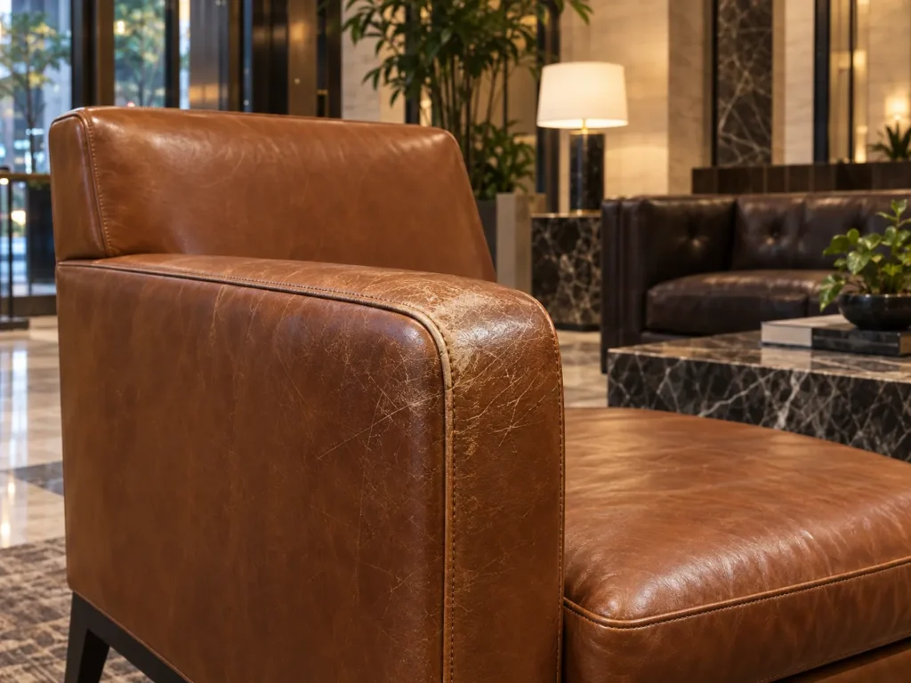 Cognac armchair armrest scuffed and losing color