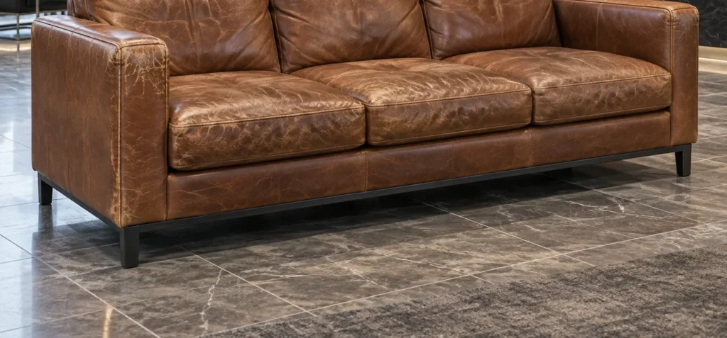 A cognac reception sofa with fading and cracks before refinishing