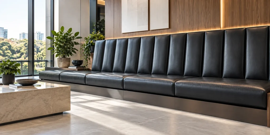 A black leather banquette in a commercial space