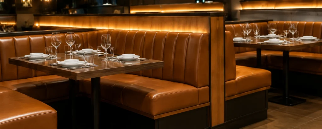 Leather booths in a restaurant dining room