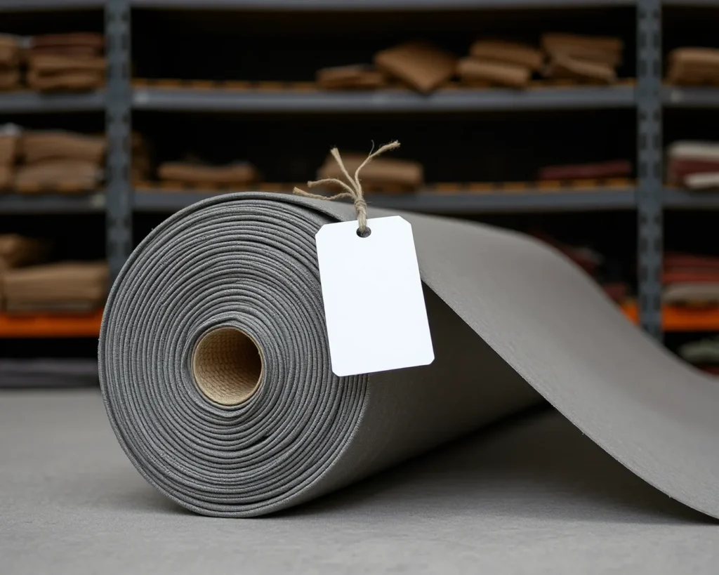 A gray vinyl roll with a paper spec tag