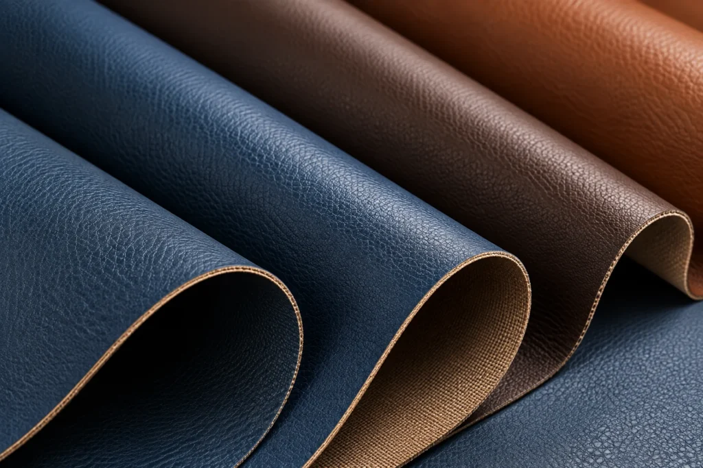 Rolls of navy, brown and tan vinyl
