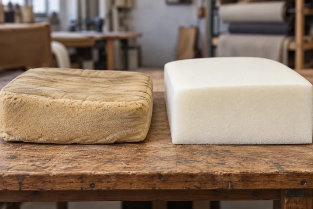 A flattened old foam block beside a new one