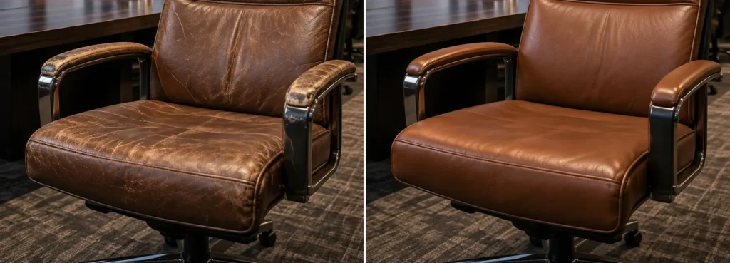 A brown leather boardroom chair shown before and after refinishing