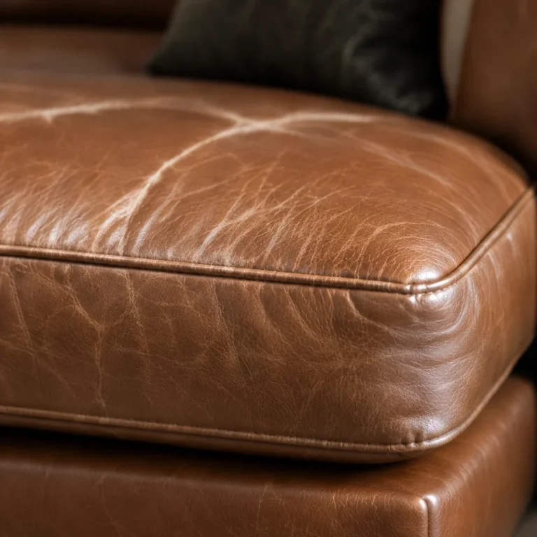 Cognac leather couch cushion with faint surface scratches