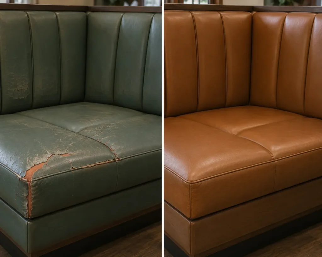 A shared-space banquette shown before and after repair