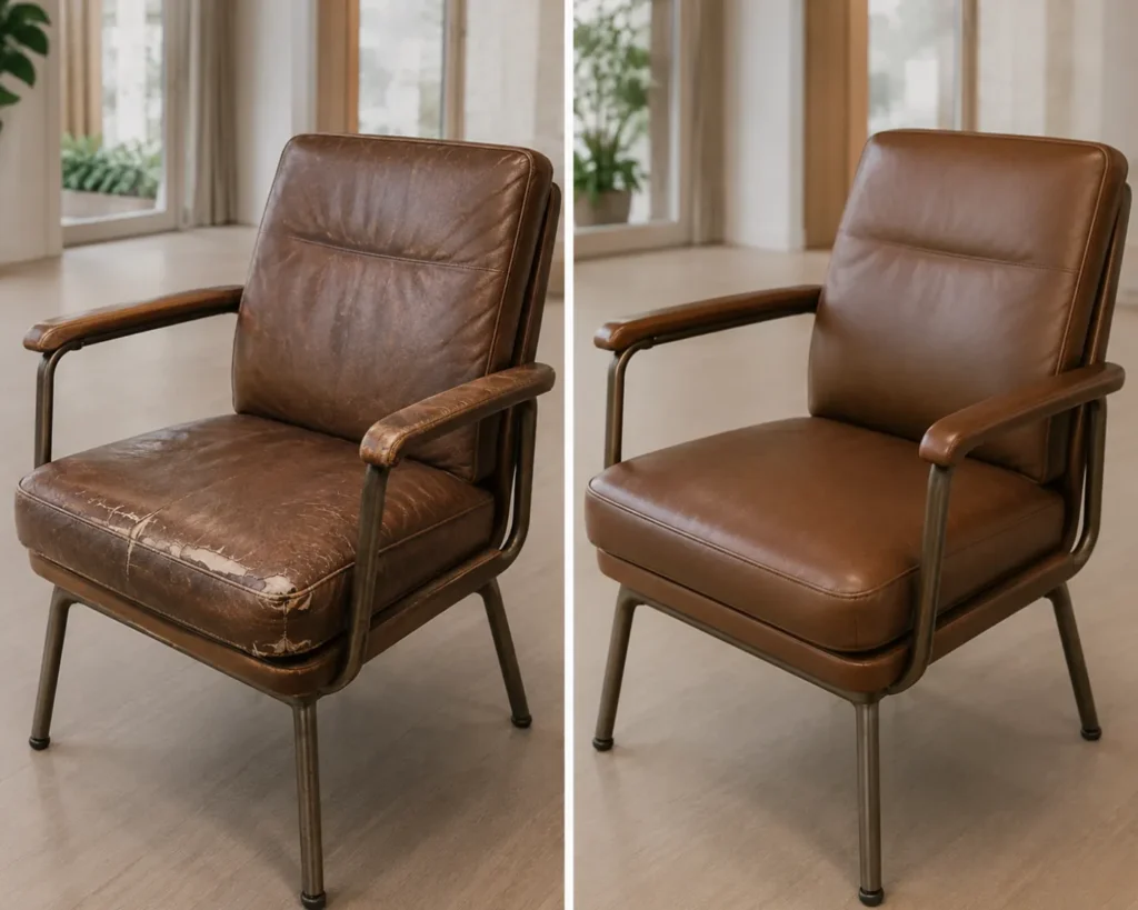 A breakout armchair shown before and after repair
