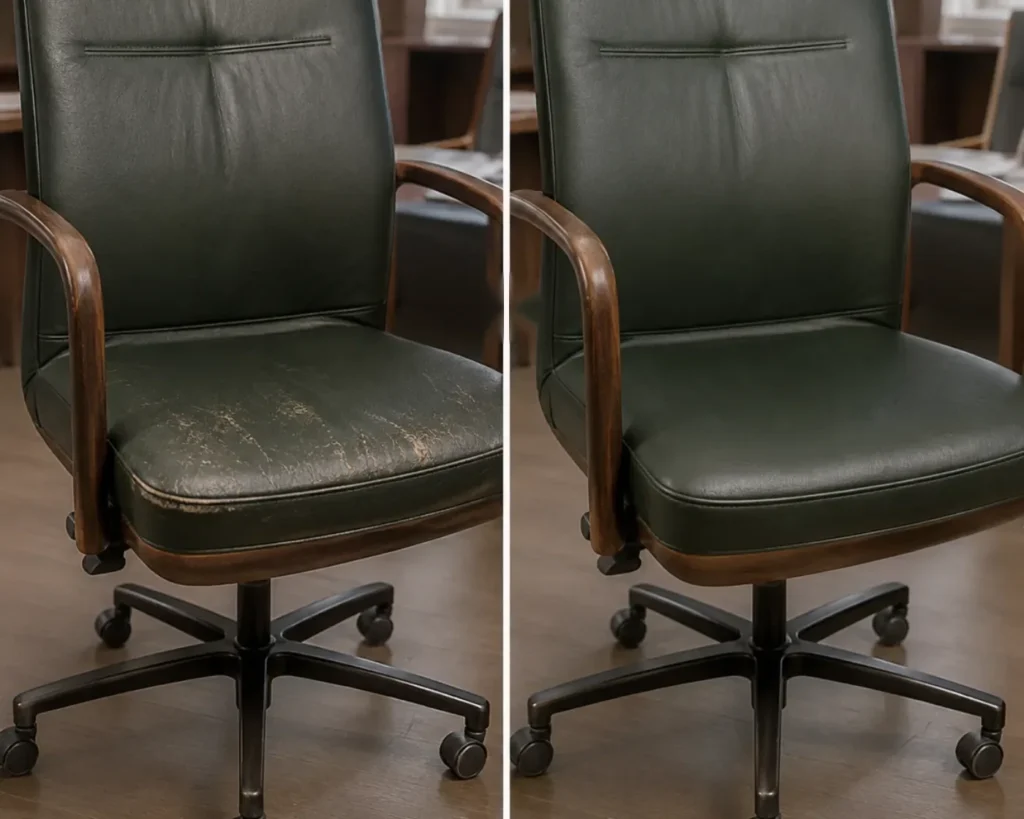 A shared desk chair shown before and after repair