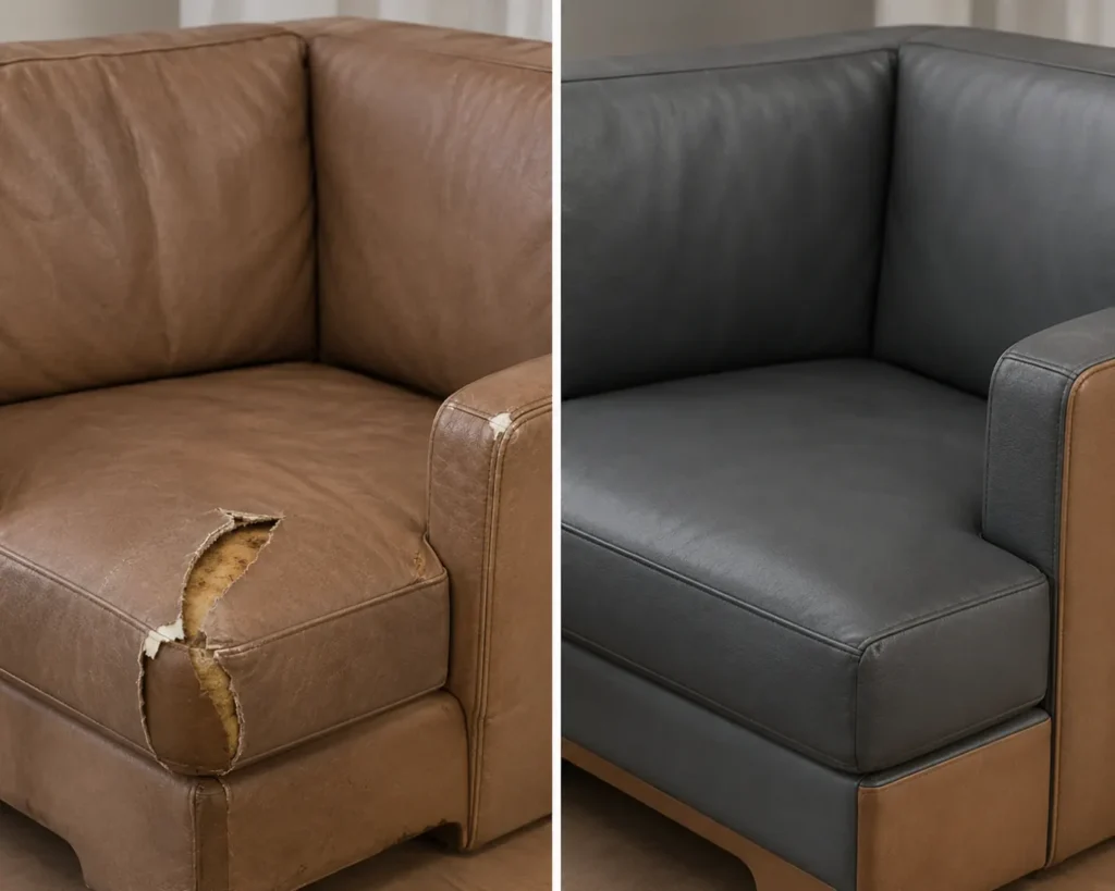 A shared-space lounge sofa shown before and after repair
