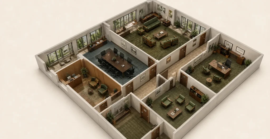 A floor plan of a shared workspace split into zones