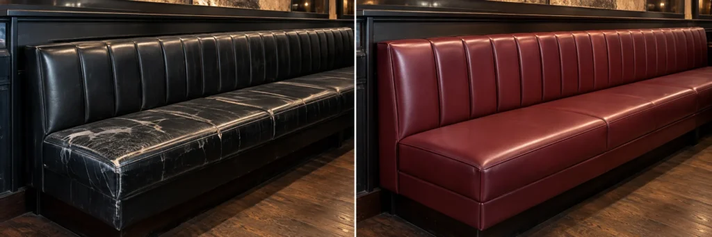 Cracked black banquette run after recovering in red leather