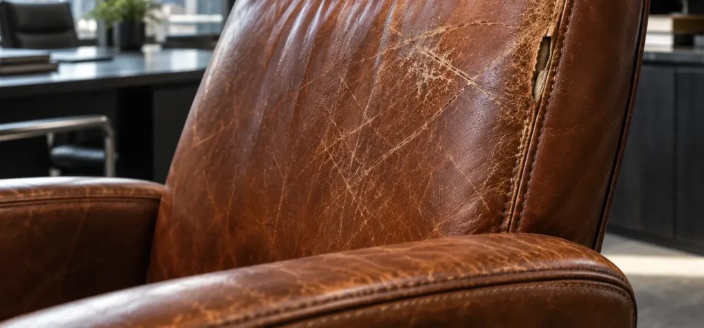 A crack running across the cognac leather back of an office chair