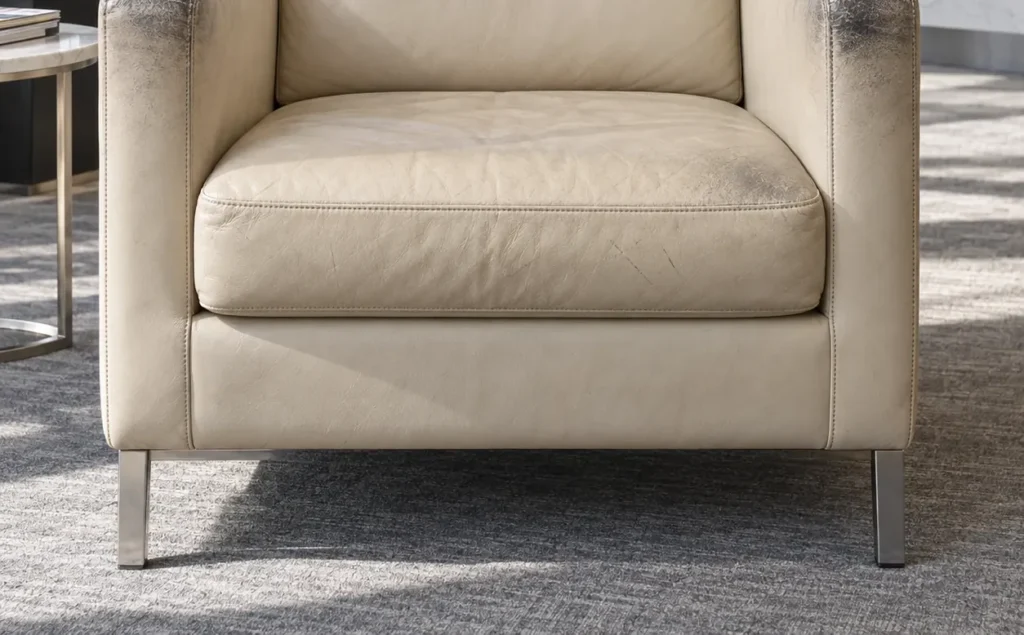 A cream leather armchair with dark wear before repair