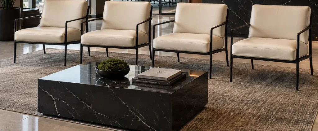 Four cream lounge chairs lined up in a company reception