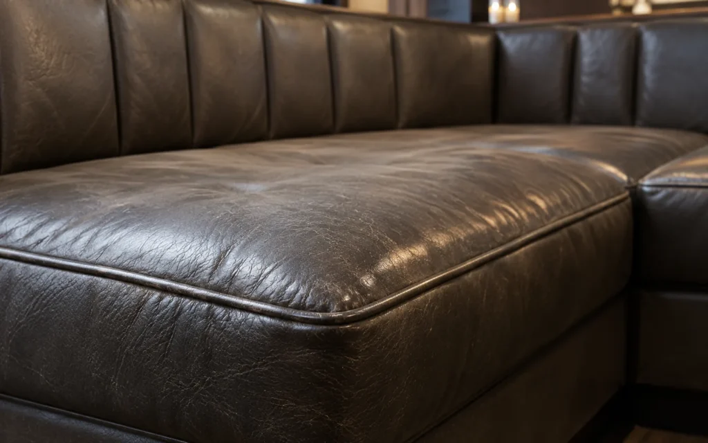 A worn, creased dark leather seat on a booth