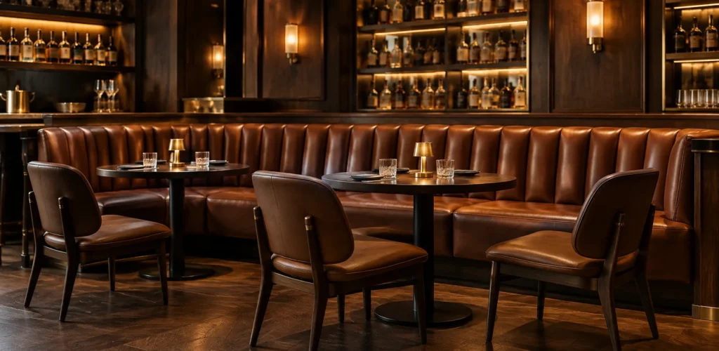 A curved brown leather bar banquette with loose chairs at the tables