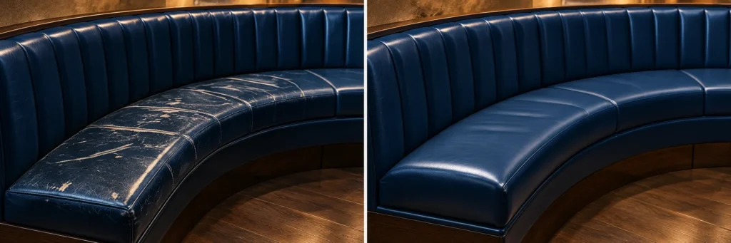 A curved navy leather booth before and after restoration