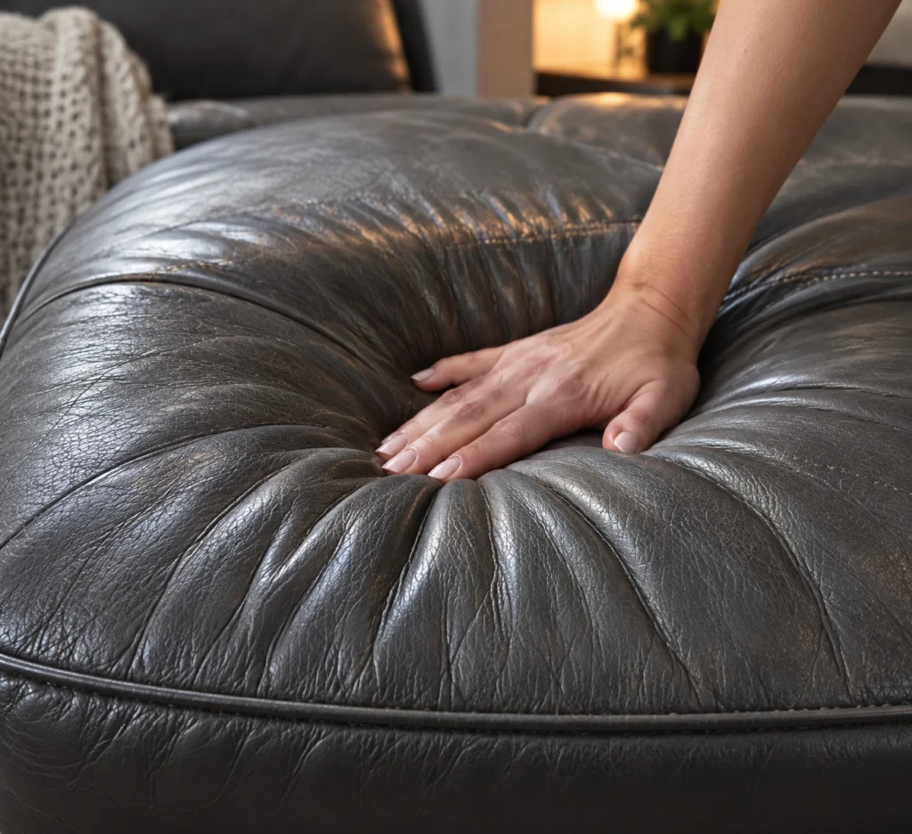 A hand testing a firm leather seat cushion
