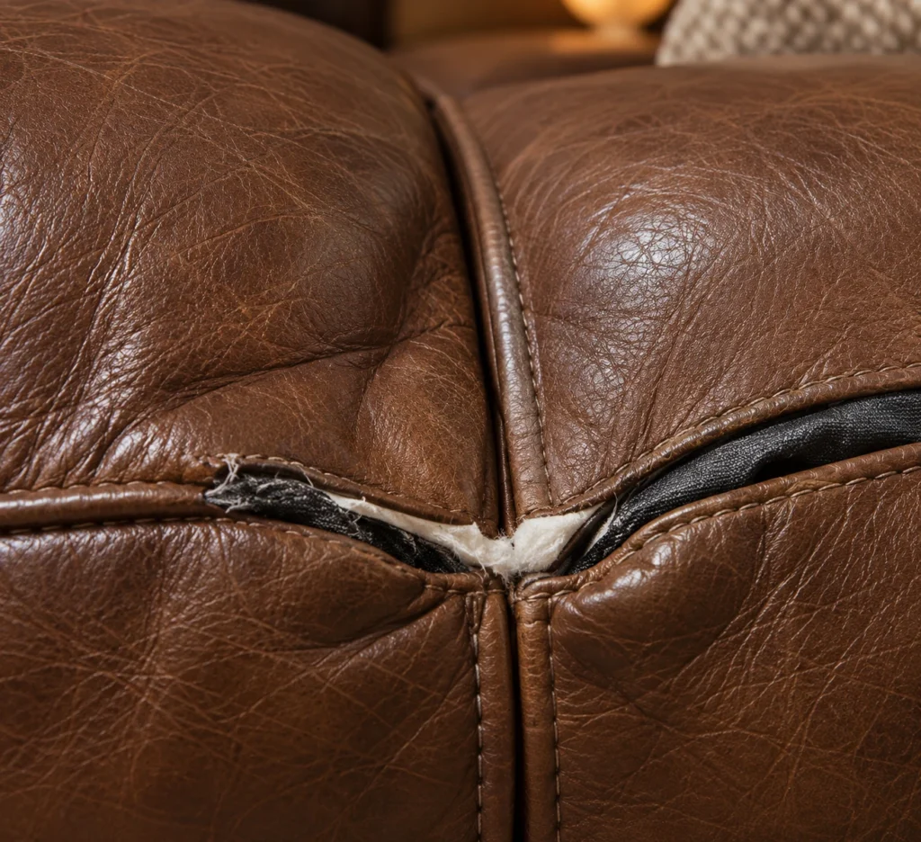 Leather seat cushion with split seam