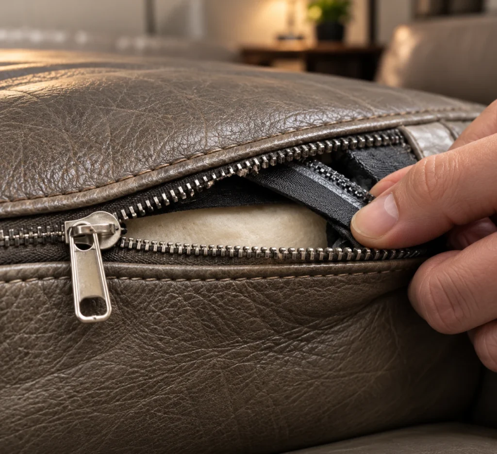 Leather seat cushion with failed zipper