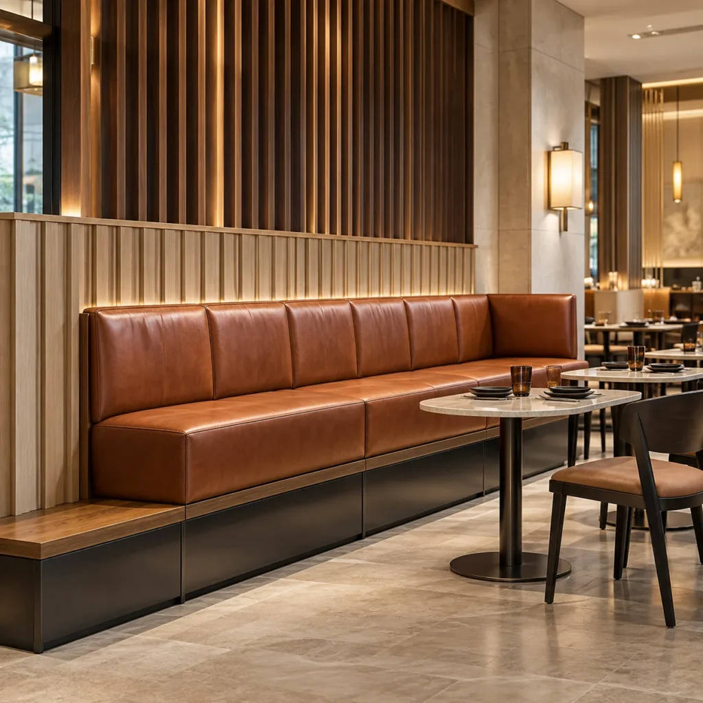 A custom-built leather banquette bench
