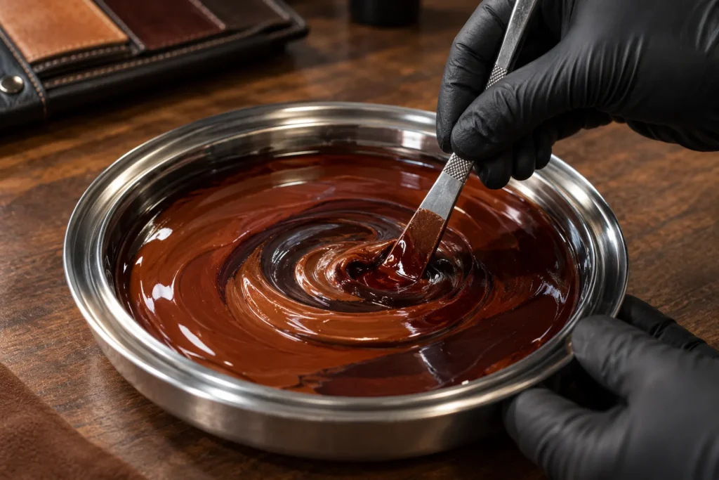 A pan of custom-mixed leather dye