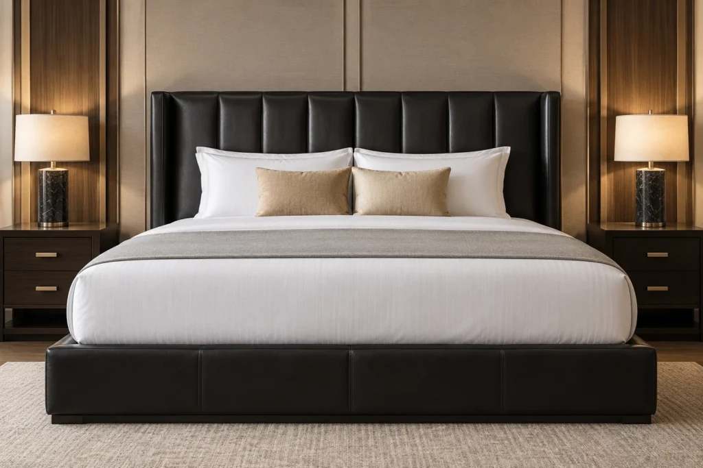 Platform bed in dark brown leather with a flat panel headboard