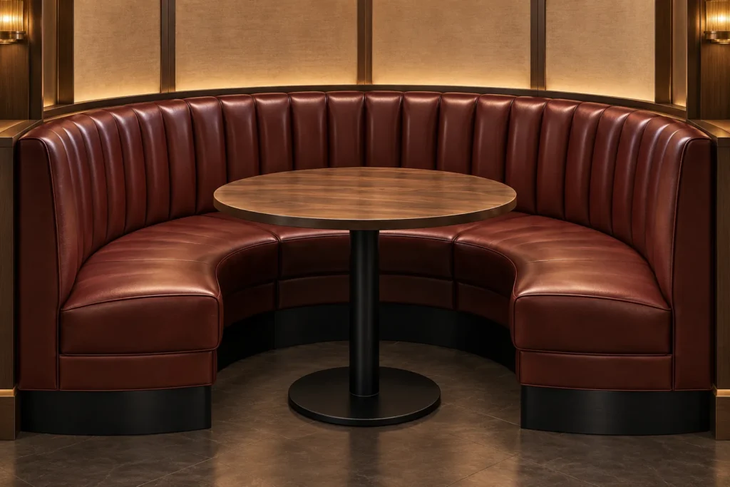 A deep red curved leather booth around a round table
