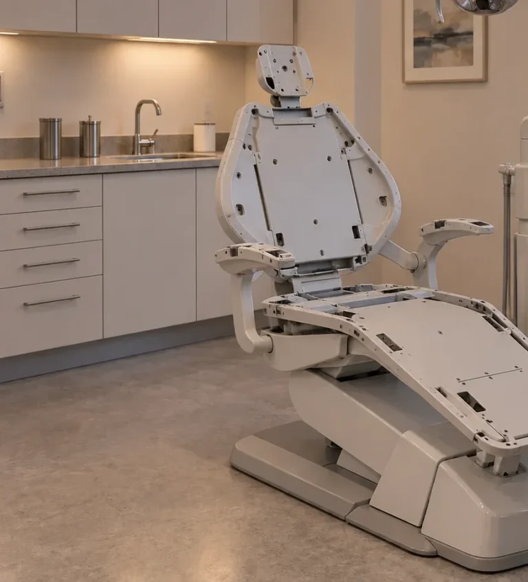 A dental chair frame with its seat, back and headrest pads taken off