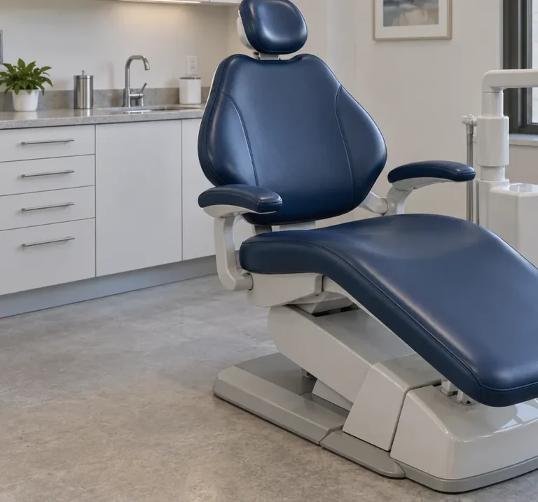 A navy patient chair with fresh pads in a bright operatory