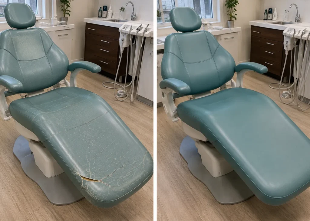 A teal patient chair with cracked pads, then recovered