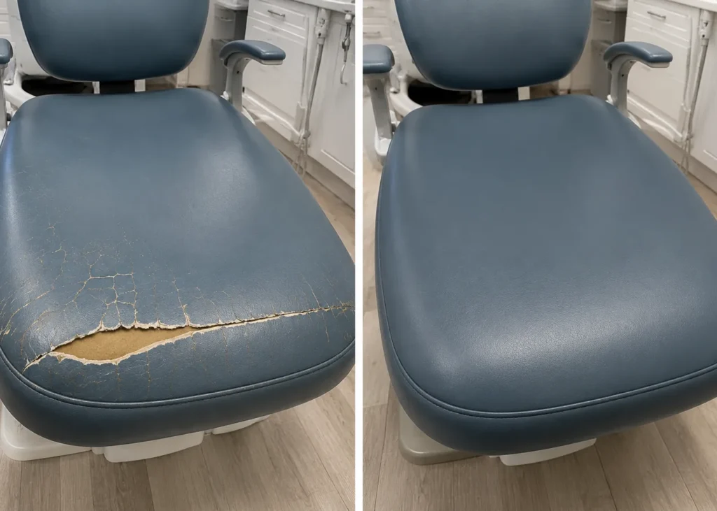 A blue dental seat with a long tear, then recovered