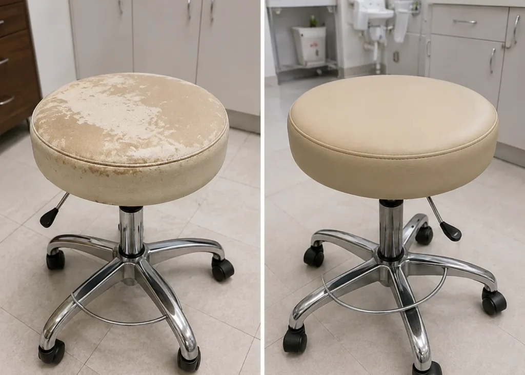A cream doctor stool with a worn seat, then recovered