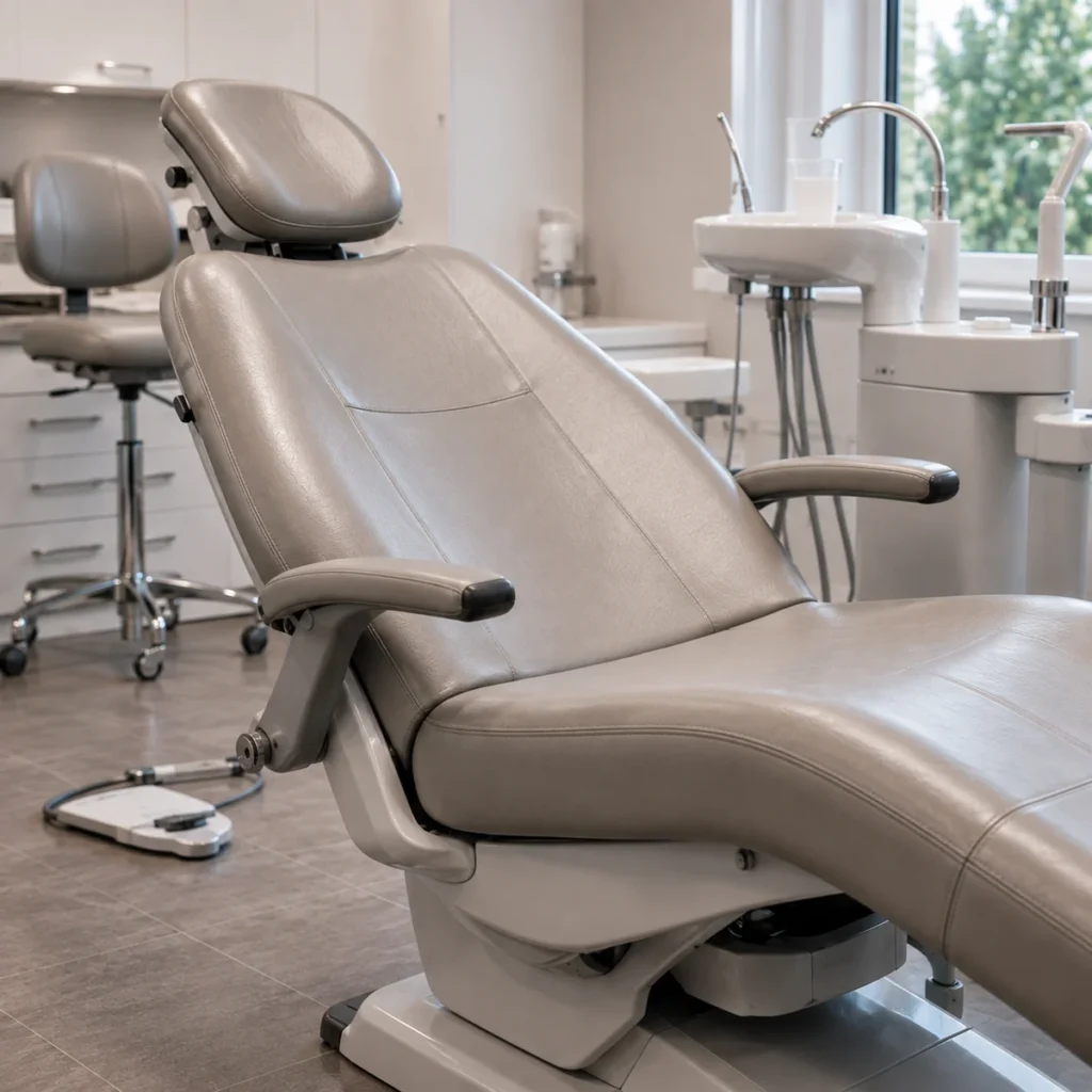 A taupe patient chair and stool in a dental operatory