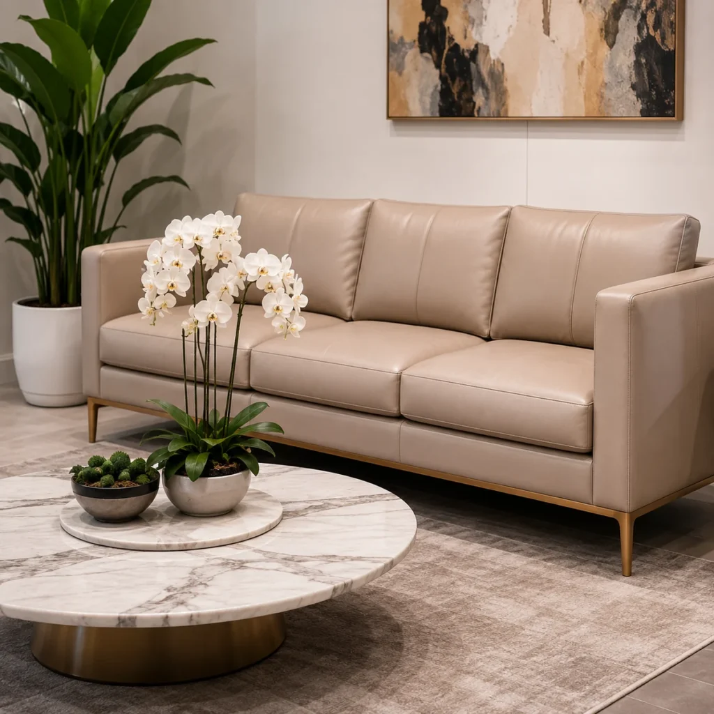 A taupe sofa with orchids in a dental lobby