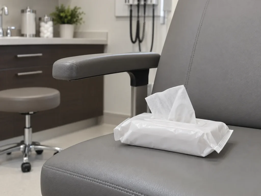 A pack of disinfecting wipes resting on a gray vinyl seat