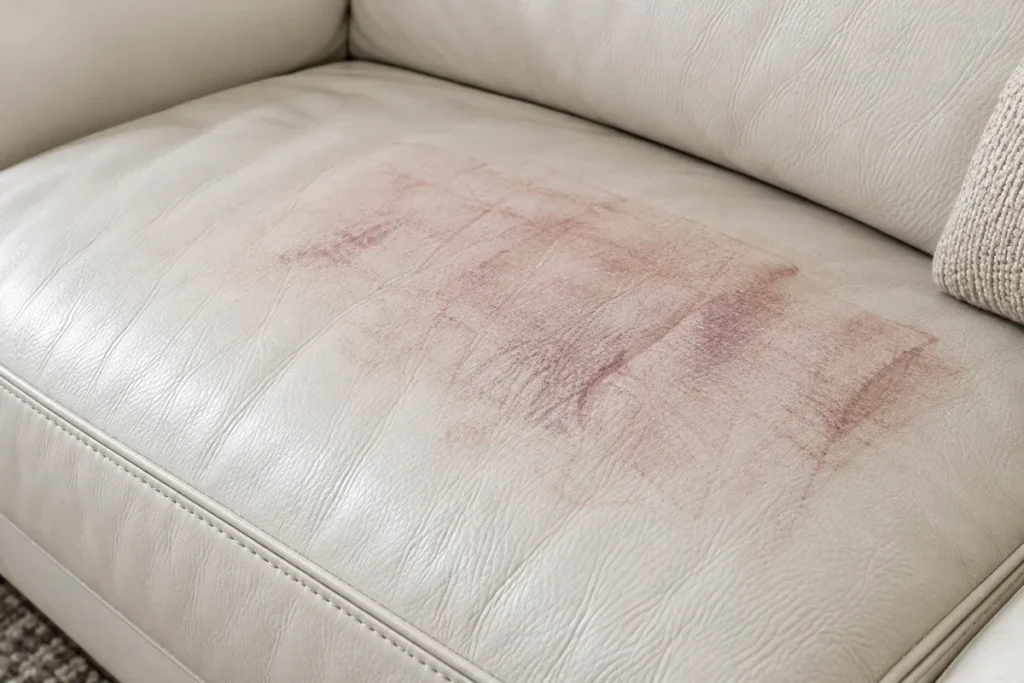 Transferred dye on leather, beneath a cushion