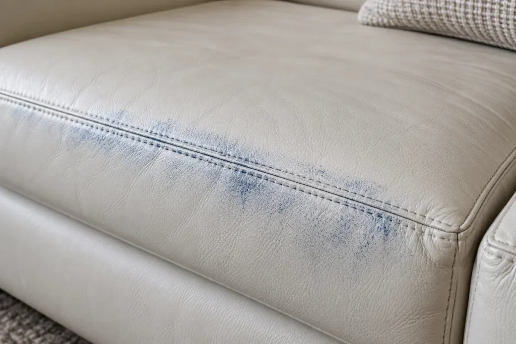 Transferred dye on leather, front of the seat